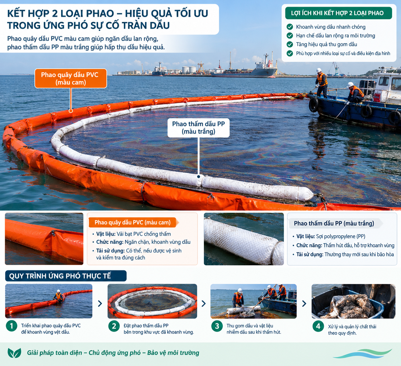 Phân biệt phao quây dầu PVC màu cam và phao thấm dầu PP màu trắng: Nên sử dụng loại nào?